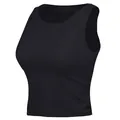 Detailansicht eines schwarzen, ärmellosen Yoga-Crop-Tops mit engem Schnitt. - S / Schwarz
