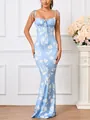 Floral light blue mermaid maxi dress featuring tie-up straps and elegant cut-out bust detail. - XS / Blue with Tulip Print