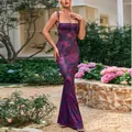 Elegant purple floral print fishtail maxi dress with spaghetti straps - XS / Purple Floral