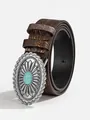 Detail of Bohemian brown leather belt with a vintage turquoise buckle. - Coffee / 105cm