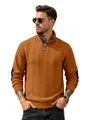 Men's orange-brown jacquard henley sweater with long sleeves and navy accents - S / Caramel color