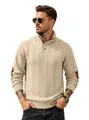 Men's beige cable-knit long-sleeve Henley polo sweater with stylish elbow patches - S / Khaki