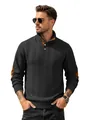 Men's charcoal grey cable-knit henley pullover sweater featuring brown elbow patches - S / Black
