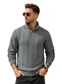 Men's grey cable knit Henley pullover with long sleeves and brown elbow patches. - S / Dark Gray