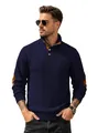 Men's navy blue jacquard polo shirt featuring a stylish henley neck and long sleeves - Navy Blue