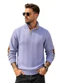 Stylish lavender men's cable knit Henley sweater featuring contrasting brown elbow patches - Light Purple