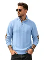 Men's stylish light blue cable-knit Henley sweater featuring brown elbow patches - Sky Blue