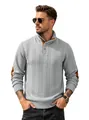 Men's grey cable knit Henley pullover sweater featuring stylish brown elbow patches. - Light Gray