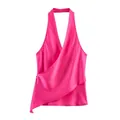 Top halter de satén rosa vibrante con frente cruzado y elegante diseño drapeado. - XS / Rosa rojo