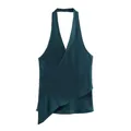 Elegant dark green silk satin halter neck top featuring a stylish asymmetric wrap hem design - XS / Teal