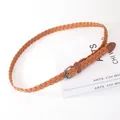 Braided thin waist belt for women, decorative woven belt for dresses and trousers. - Camel