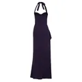 Elegant dark purple halter neck tie back maxi dress featuring a chic ruffle slit detail - XS / Deep purple