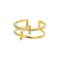 Anello aperto dorato a doppia fascia con croce in zircone e design a croce semplice - Stile Croce Doppia Micro Pavé (G122299)