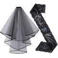 Black lace sash and mesh veil set for Gothic bachelorette or Halloween party - One Size / Bride to Be Veil and Lace Iridescent Sash Set