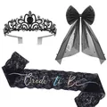 Gothic black bride to be set with tiara, bow veil and lace sash - One Size / Black Wedding Printed Bow 3-Piece Set (Style 4)