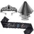 Gothic style black wedding set featuring crystal tiara, tulle veil, and lace Bride to Be sash - One Size / Bride to Be Crown Veil and Sash Set (Style 2)