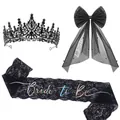 Gothic black ghost bride accessory set with crown, bow veil, and lace Bride to Be sash - One Size / Black Wedding Printed Bow 3-Piece Set (Style 3)
