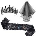 Gothic black bridal set with crystal crown, mesh veil, and lace Bride to Be sash. - One Size / Bride to Be Crown Veil and Sash Set (Style 1)