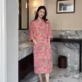Elegant pink floral print double-layer cotton gauze bathrobe for women's loungewear - Floral Scent Pink