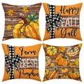 Set di 4 federe decorative in lino con zucche per il Ringraziamento e testi festivi - Set di 4 Zucche del Raccolto Fresche di Fattoria (YMF88-1) / 45x45cm