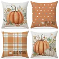 Set di 4 federe decorative in lino autunnale con stampe di zucca e motivi scozzesi - Set di 4 Citazioni Hello Fall (FP020-1) / 45x45cm
