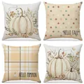 Set di 4 federe in lino con zucca autunnale per decorazioni del Ringraziamento - Set di 4 Zucche Bianche e Quadri (FP020-2) / 45x45cm