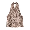 Sleek leopard print satin halter neck top for women with elegant draped neckline - XS / Tops / Leopard Print