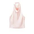 Detailed view of pink satin halter top featuring a draped cowl neck design. - XS / Tops / Pink