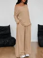Two-piece khaki lounge set with off-shoulder top and wide-leg pants for women - S / Long Sleeve Set / Khaki