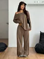 Elegant brown off-shoulder loungewear set with loose top and wide-leg trousers for women - S / Long Sleeve Set / Dark Coffee