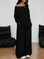 Women's black off-shoulder long-sleeve top and wide-leg pants lounge set - S / Long Sleeve Set / Black