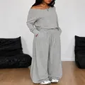 Casual grey two-piece loungewear set featuring off-shoulder top and wide-leg drawstring pants. - S / Long Sleeve Set / Light Gray