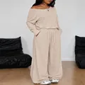 Women's casual beige two-piece lounge set with off-shoulder top and wide-leg pants - S / Long Sleeve Set / Apricot