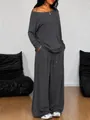 Women's comfortable dark grey off-shoulder long sleeve top and wide-leg pants set - S / Long Sleeve Set / Dark Gray