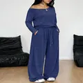 Women's blue two-piece casual tracksuit set with off-shoulder top and wide-leg trousers - S / Long Sleeve Set / Navy Blue