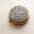 Portable round metal pill box with a sparkling rhinestone lid for daily travel - Bronze - White Rhinestone