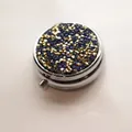 Premium portable round metal pill box decorated with blue and gold rhinestones - Silver - Gold Blue Rhinestone