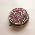 Portable round metal pill box with pink rhinestone lid and mirror for travel - Bronze - Silver Light Pink Rhinestone