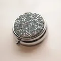 Round silver metal pill box with sparkling rhinestone lid for travel - Silver - Silver Light Blue Rhinestone