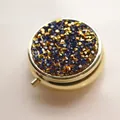 Portable gold metal round pill box with luxury blue and gold rhinestone lid decoration - Gold - Gold Blue Rhinestone