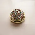 Portable round gold metal pill box with colorful rhinestones and mirror - Gold - Silver Multi-color Rhinestone