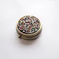 Portable round metal pillbox decorated with colorful rhinestones for travel - Bronze - Silver Multi-color Rhinestone