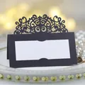 Elegant black laser-cut wedding place card with white insert and delicate lace detail - Black