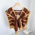 Elegant brown and yellow striped knitted shawl decorative capelet for women in spring - 46cm x 98cm / Brown with Beige Stripes