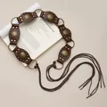Vintage Bohemian brown waist chain with tassel ties and bronze floral metal details. - Rivet Metal Disc Belt (X1074) / Brown
