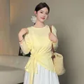 Summer light yellow sun-protective long sleeve top with stylish tie-waist knot design - S / Yellow