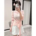 Summer sheer thin sun protection cover-up top with stylish waist tie detail. - S / Pink