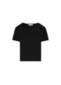 Detalle de una camiseta negra ajustada con cuello redondo y diseño minimalista - S / Negro