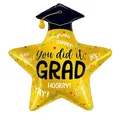 Gold star-shaped graduation balloon featuring a black mortarboard cap and congrats text - Gold Graduation Hat Star