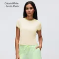 Women's cropped sports T-shirt featuring milk white and plum green contrast color design - 4 / Tops / Milk White/Plum Green